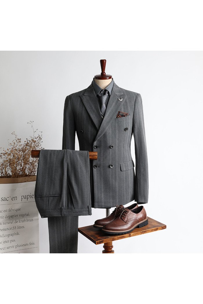 Mason New Arrival Gray Stripe Peaked Collar Double Breasted Business Men Suits