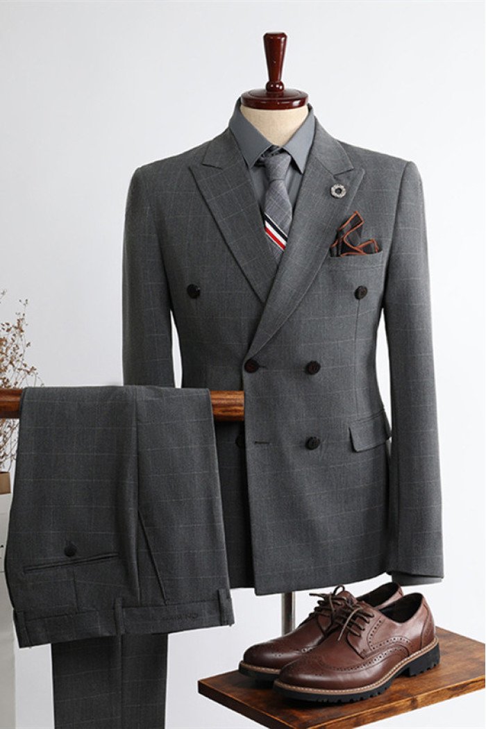 Logan New Arrival  Dark Gary Peaked Collar Double Breasted Plaid Men Suits