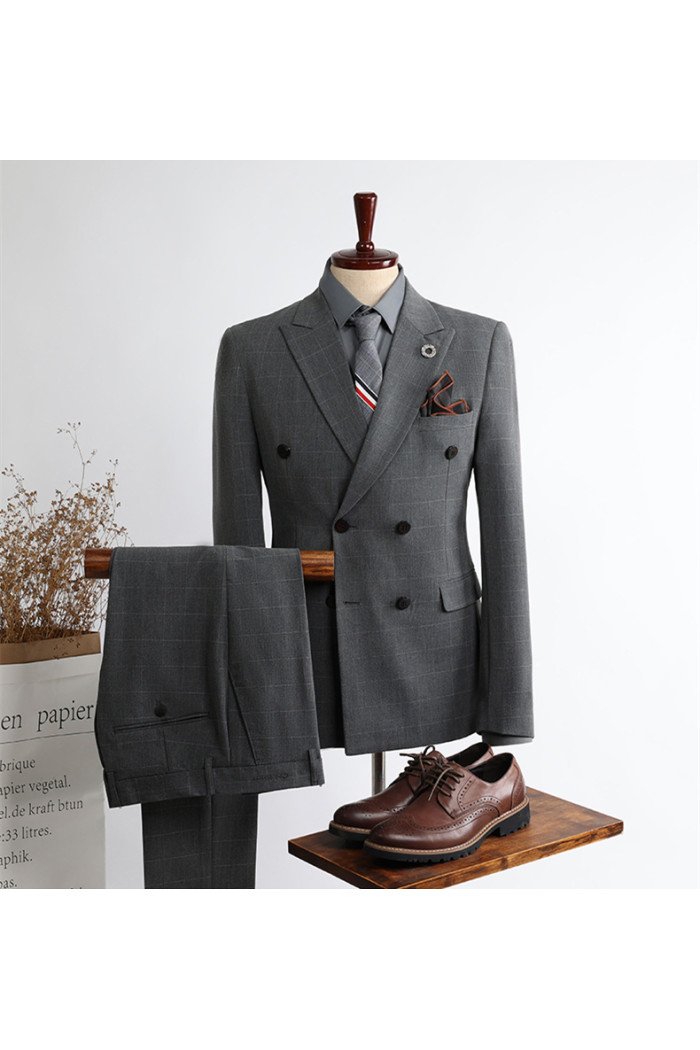 Logan New Arrival  Dark Gary Peaked Collar Double Breasted Plaid Men Suits