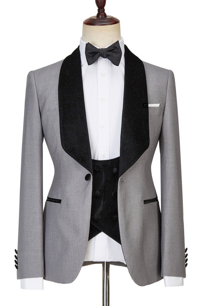 Robert Light Gray One Button Shiny Shawl Lapel 3-Pieces Wedding Men Suits