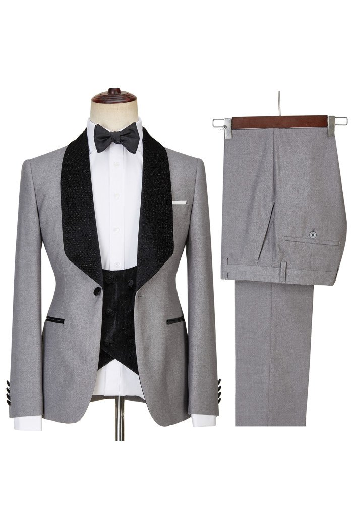 Robert Light Gray One Button Shiny Shawl Lapel 3-Pieces Wedding Men Suits