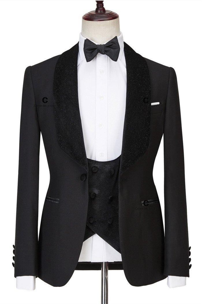 Jose Modern 3-Pieces Black  Shawl Lapel Sparkle Men Wedding Men Suits