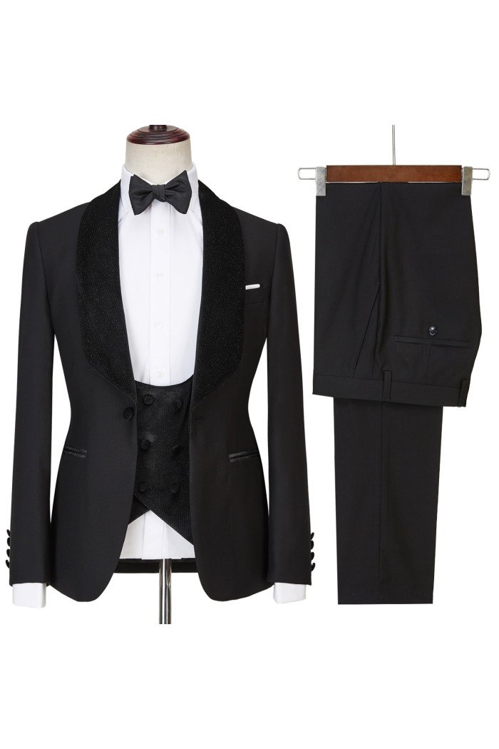 Jose Modern 3-Pieces Black  Shawl Lapel Sparkle Men Wedding Men Suits