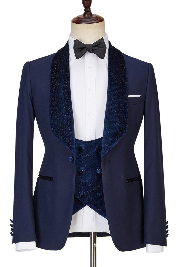 Dylan Trendy Design Navy Blue Best Fitted 3-Pieces Sparkle Men Suits