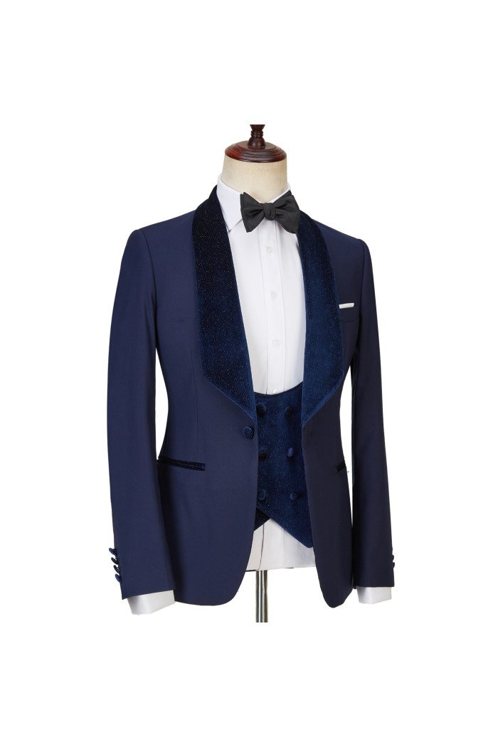 Dylan Trendy Design Navy Blue Best Fitted 3-Pieces Sparkle Men Suits