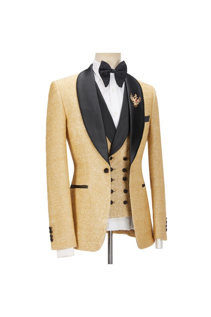 Andrew Sparkly Golden Shawl Lapel  3-Pieces Men Suits For Wedding