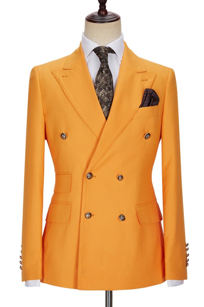 Trendy Orange Double Breasted Peaked Collar Men Suits