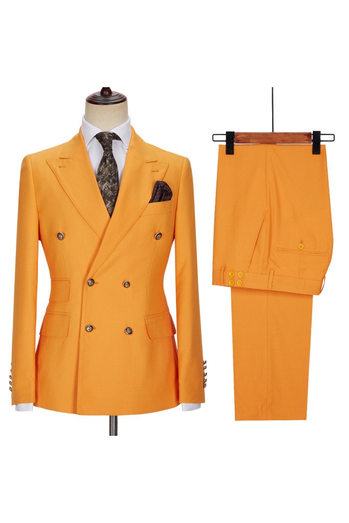 Trendy Orange Double Breasted Peaked Collar Men Suits