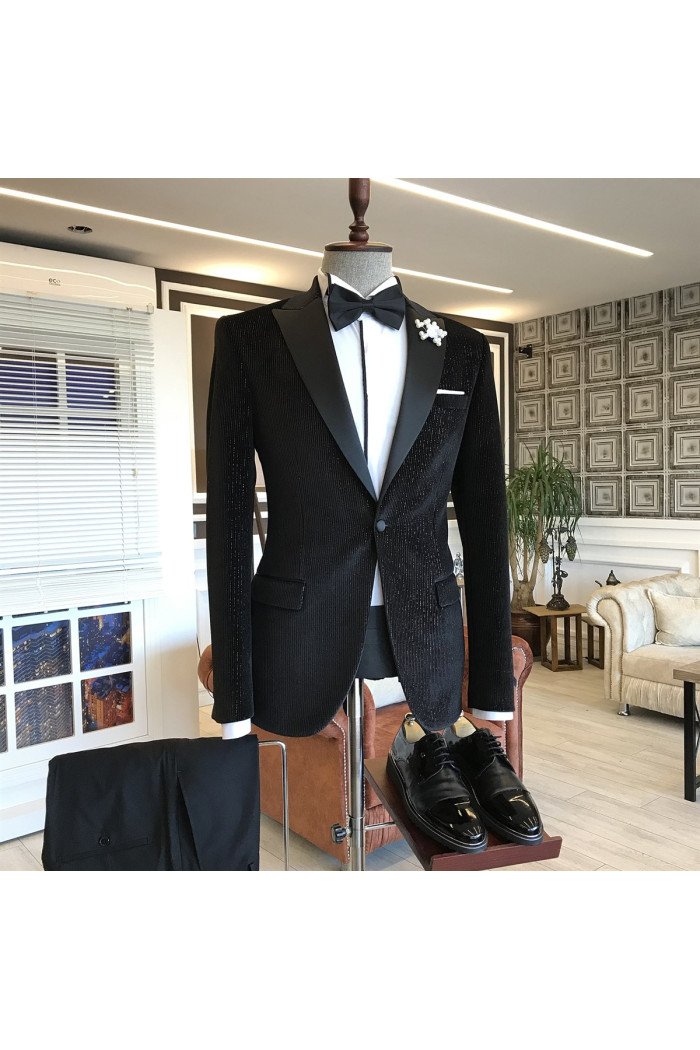 Andrew Stylish Black Sparkle Stripes Peaked Collar Men Suits