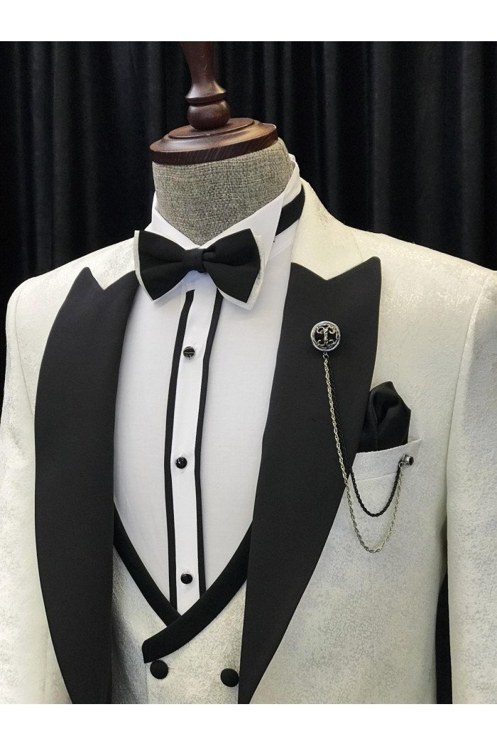 New Arrival White Jacquard 3-Pieces Wedding Men Suits With Black Peaked Collar
