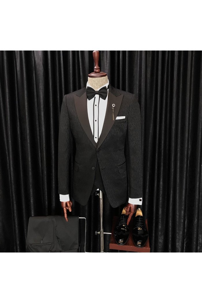 New Arrival Black Jaquard 3-Pieces Peaked Collar Wedding Men Suits