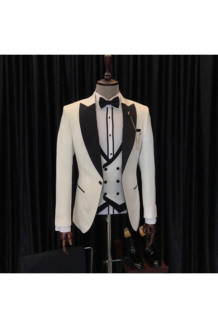 Stylish White 3-Pieces Wedding Men suits With Black Peaked Collar