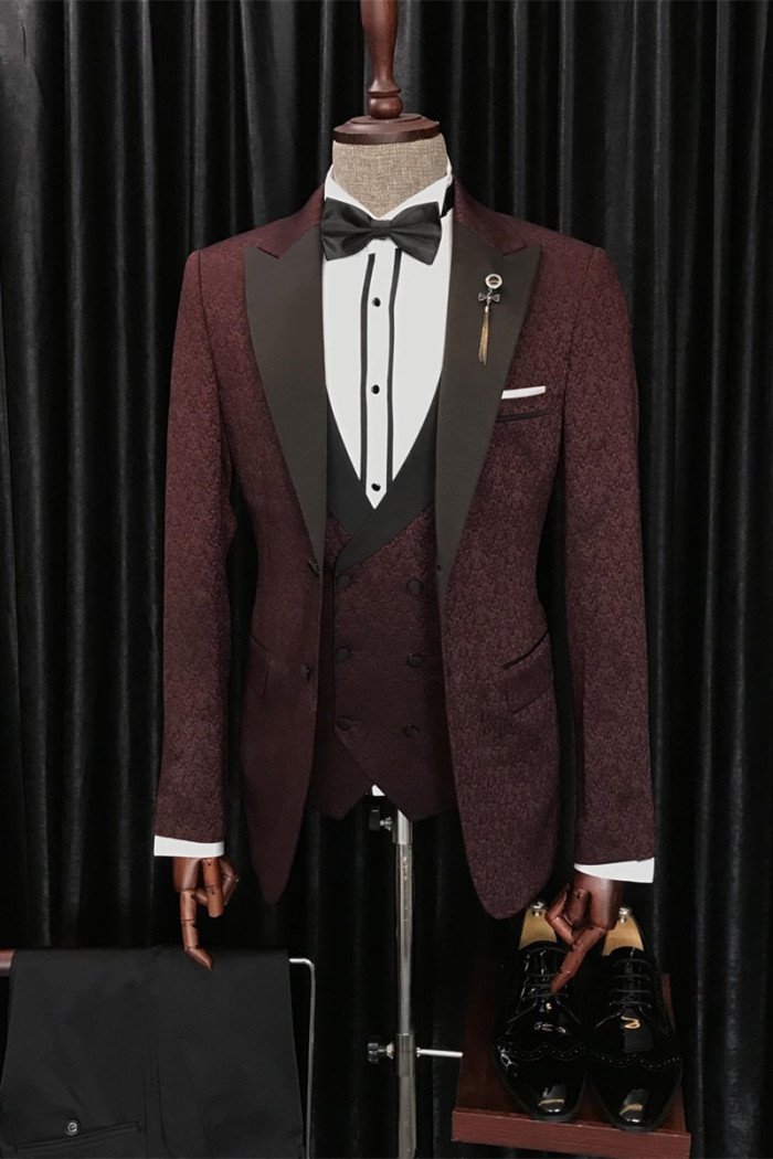 Modern  Burgundy 3-Pieces Jacquard Peaked Collar Men Suits for Wedding