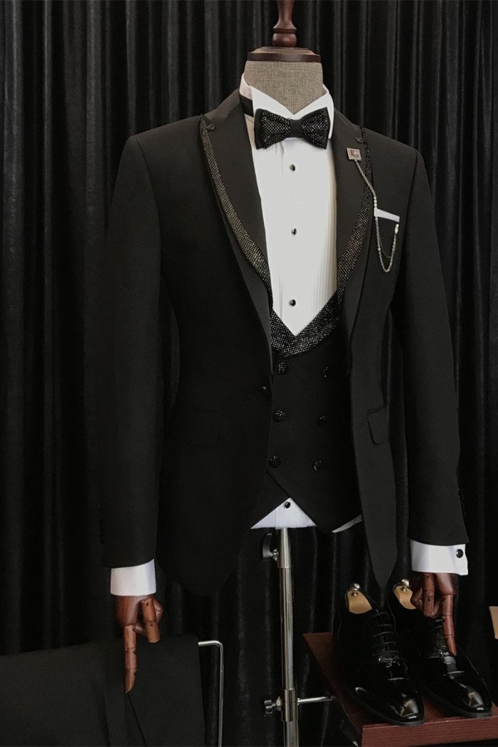 Special Design Black Wedding Men Suits With Sparkle Black Peaked Collar