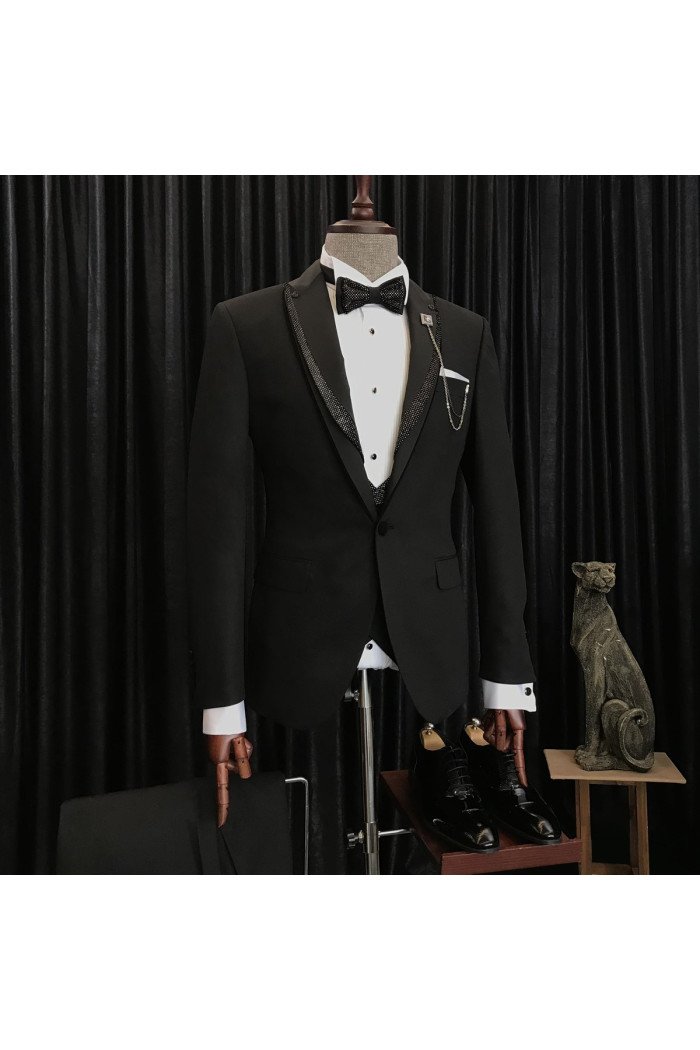 Special Design Black Wedding Men Suits With Sparkle Black Peaked Collar