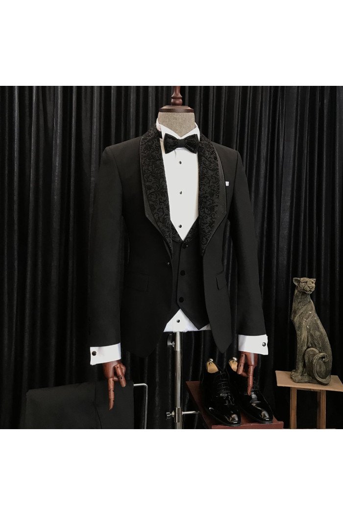 Cool Black Best Fitted Weding Men Suits With Special Jacquard Lapel
