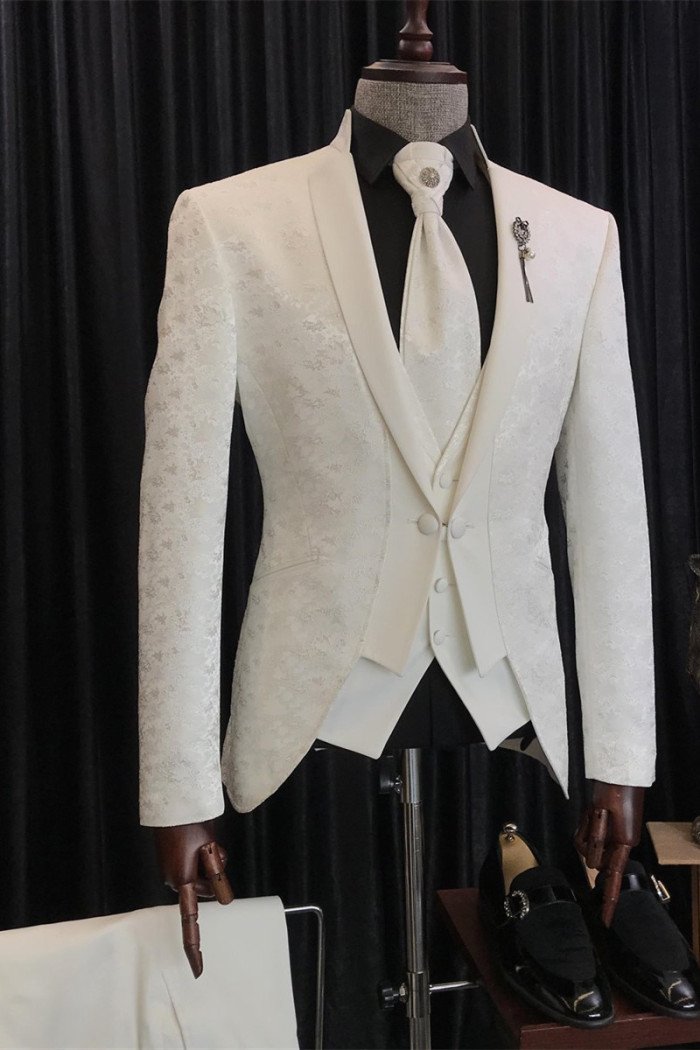 New Arrival White Jacquard 3-Pieces Wedding Men Suits With Special Lapel