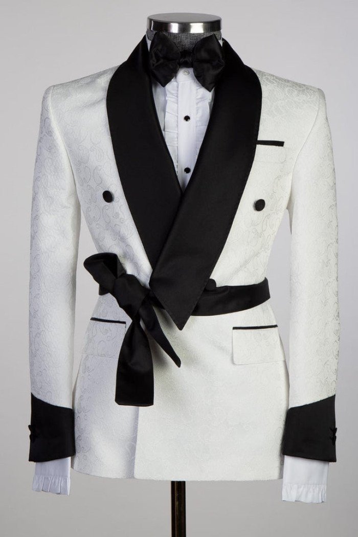 Cuthbert Stylish White Double Breasted Shawl Lapel Jacquard Wedding Men Suits