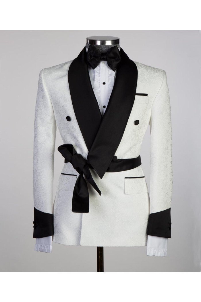 Cuthbert Stylish White Double Breasted Shawl Lapel Jacquard Wedding Men Suits