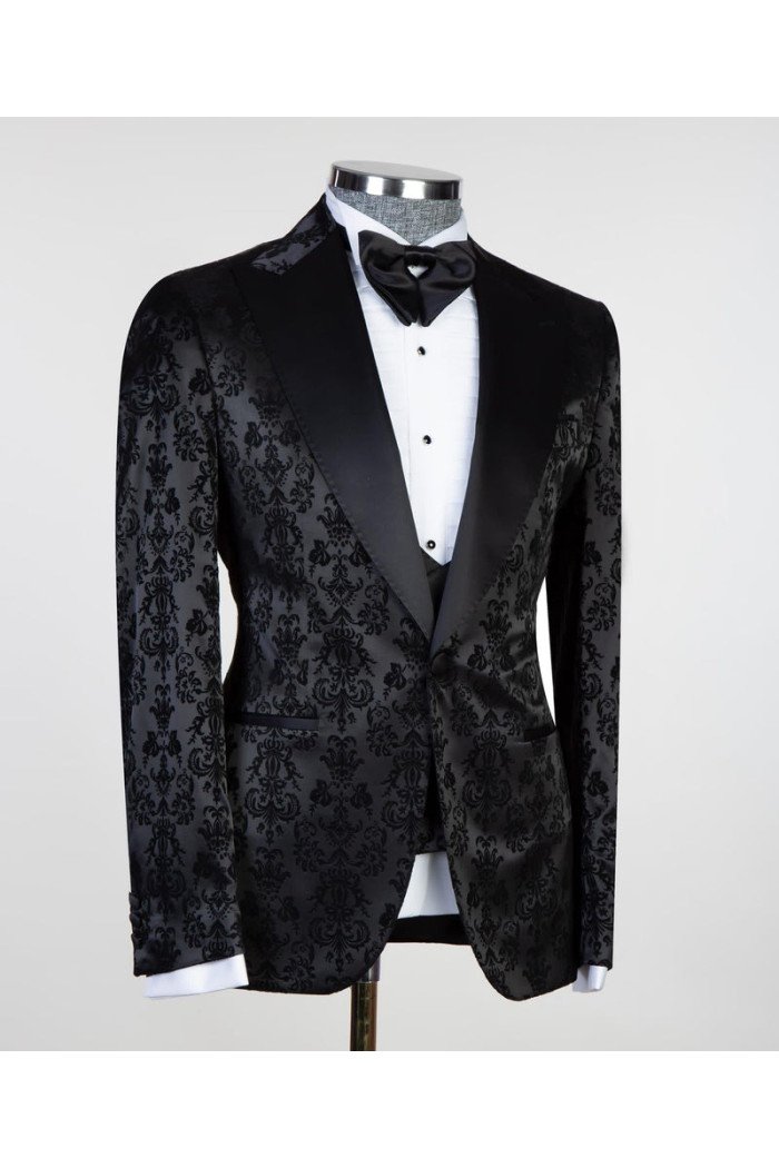 Edward Bespoke Black Jacquard Peaked Collar 3-Pieces Men Suits