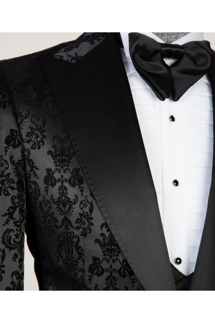 Edward Bespoke Black Jacquard Peaked Collar 3-Pieces Men Suits