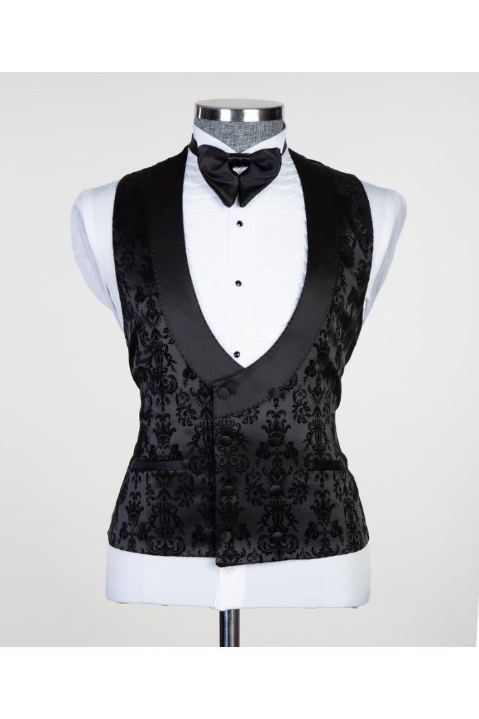 Edward Bespoke Black Jacquard Peaked Collar 3-Pieces Men Suits