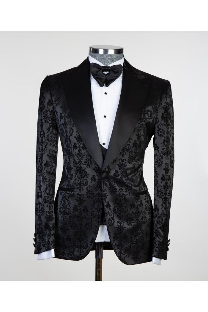 Edward Bespoke Black Jacquard Peaked Collar 3-Pieces Men Suits