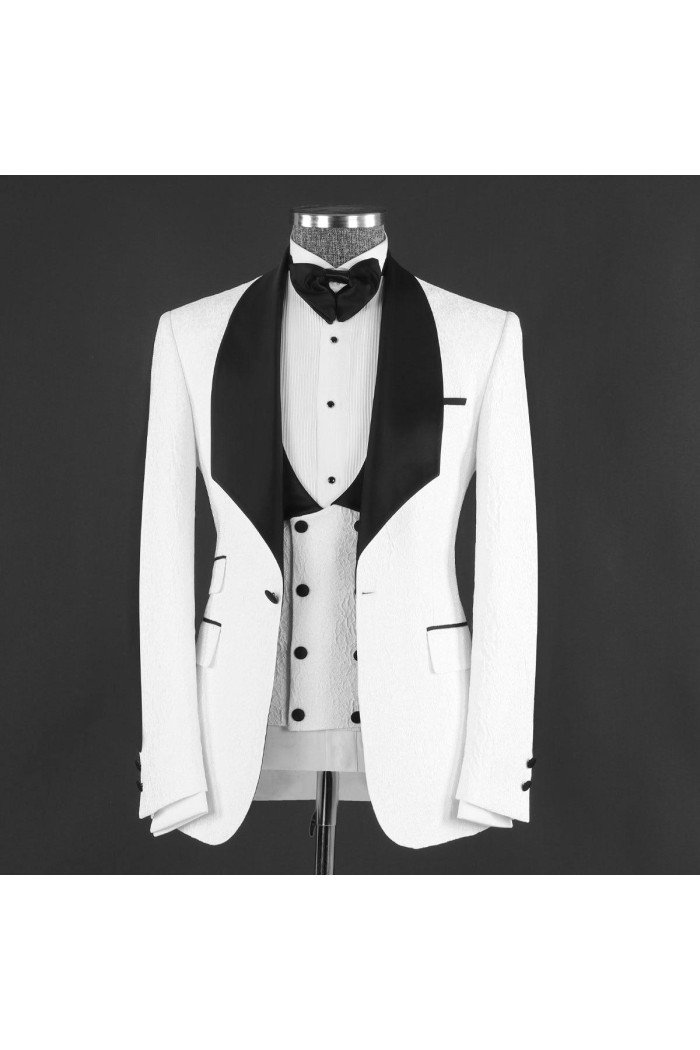 Herman Stylish White Jacquard 3-Pieces Shawl Lapel Wedding Men Suits