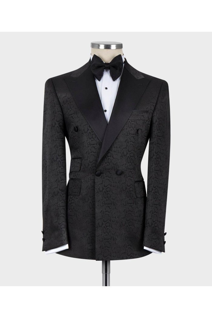 Daivd Black Jacquard Peaked Collar Double Breasted Men Suits