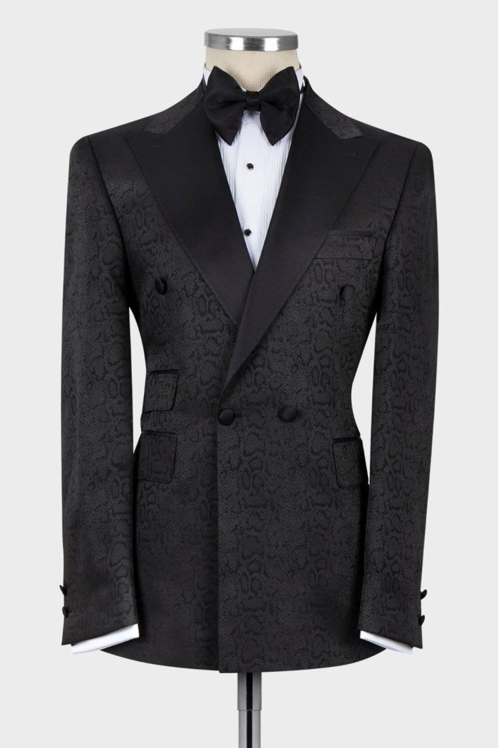 Daivd Black Jacquard Peaked Collar Double Breasted Men Suits