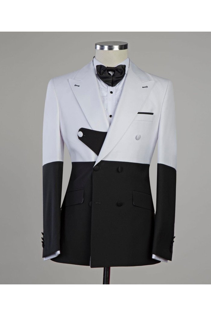 White and Black Splicing Peaked Collar New Arrival Best Fitted Men Suits