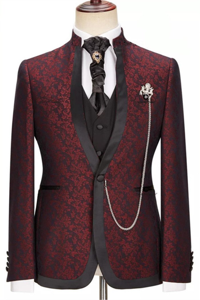 Burgundy Jacquard One Button Cool 3-Pieces Wedding Men Suits With Sepcial Lapel