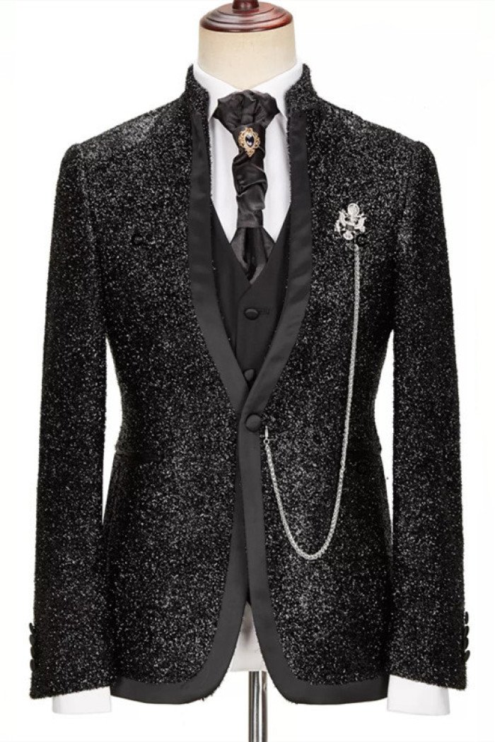 Abraham Black Glaring Stand Collar Stylish 3-Pieces Prom Suits