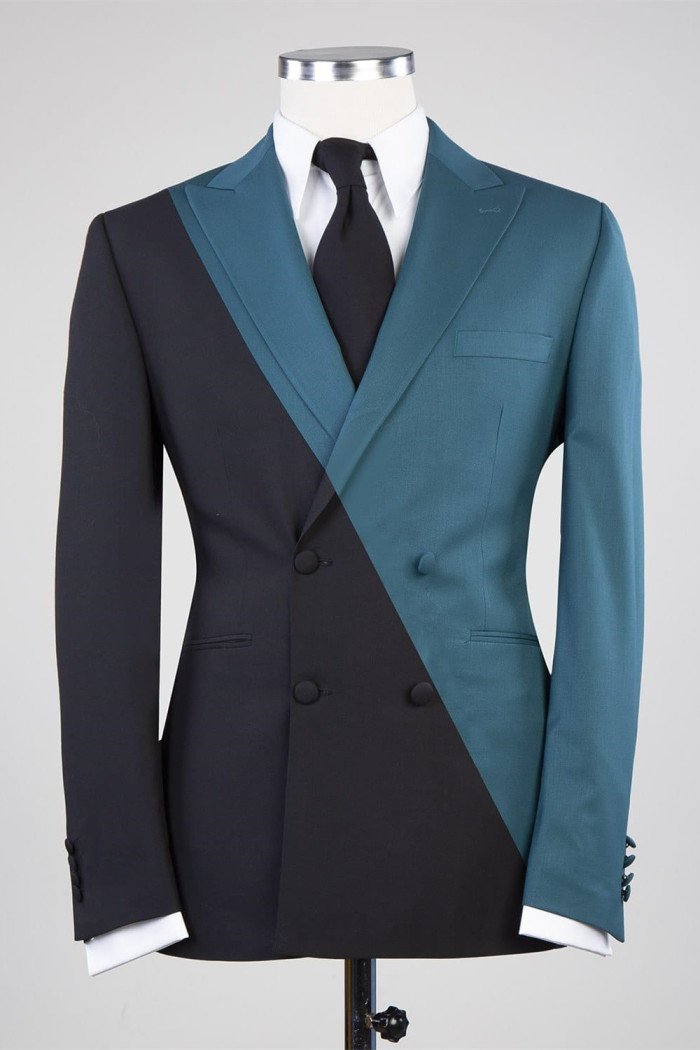 Modern Dusty Blue And Black Double Breasted Peaked Collar Men Suits for Prom