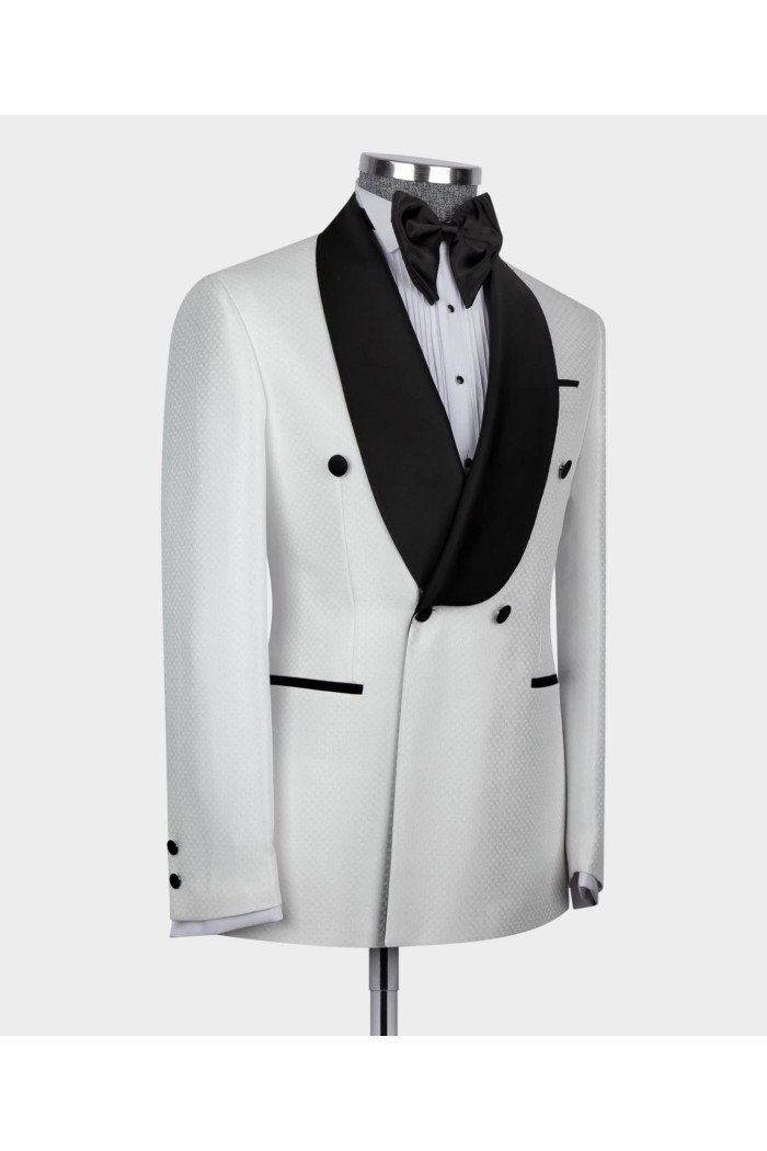 Elroy White 2-Pieces Double Breasted Wedding Men Suits With Black Shawl Lapel