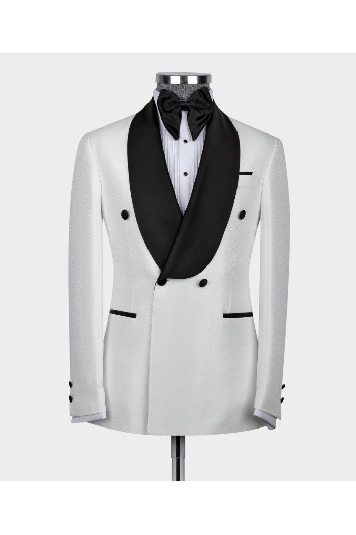 Elroy White 2-Pieces Double Breasted Wedding Men Suits With Black Shawl Lapel