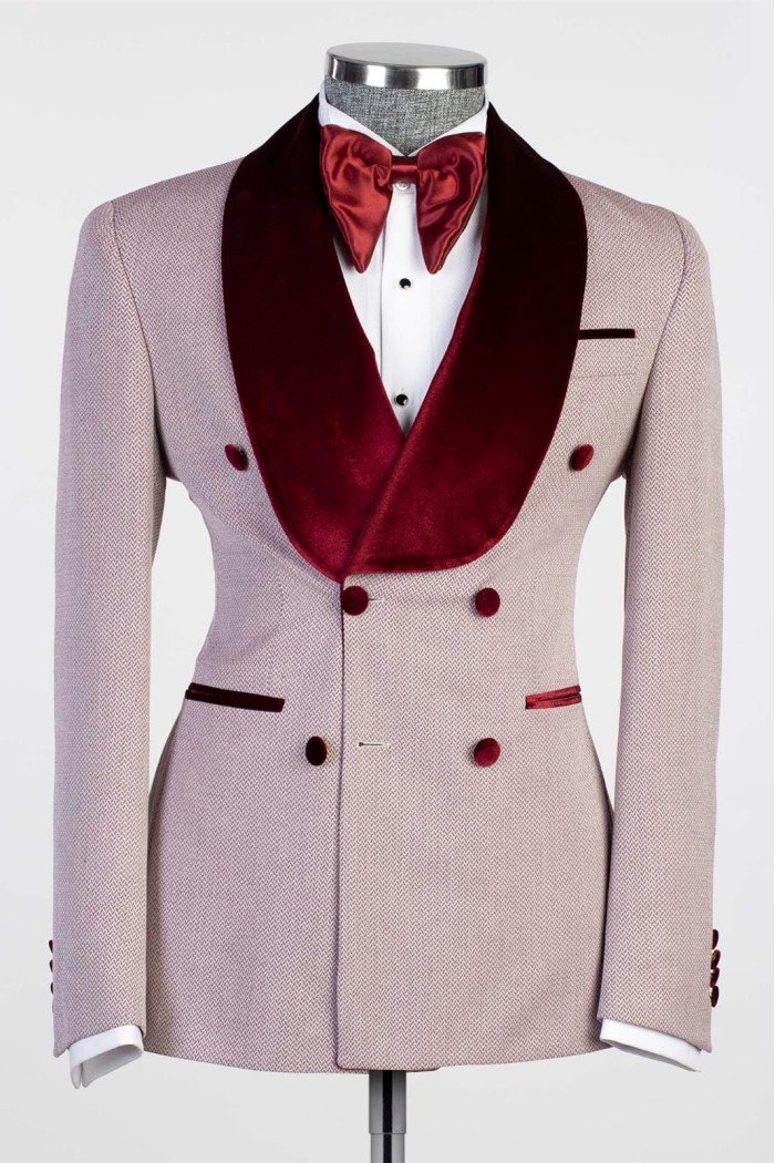 Anselm New Arrival Double Breasted Prom Suits With Burgundy Shawl Lapel