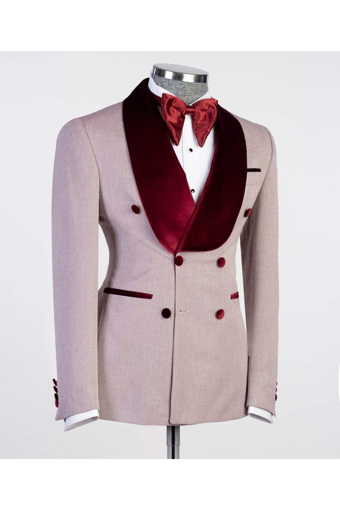 Anselm New Arrival Double Breasted Prom Suits With Burgundy Shawl Lapel