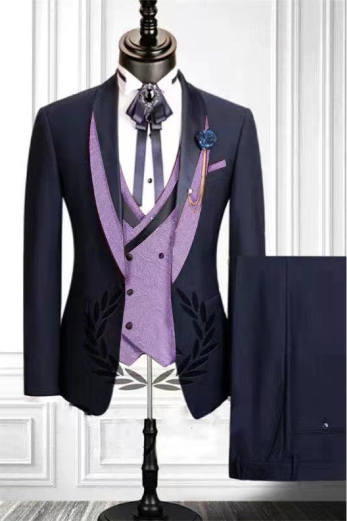 Jay New Arrival Navy Shawl Lapel 3-Pieces Stylish Men Suits