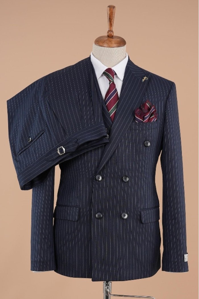 Archibald Formal Dark Navy Peaked Lapel Double Breasted Striped Business Suits