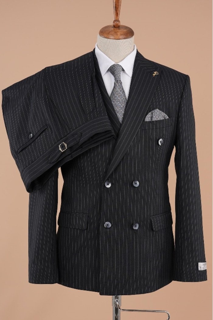 Aries Decent Black Striped Peaked Lapel Double Breasted Business Suits