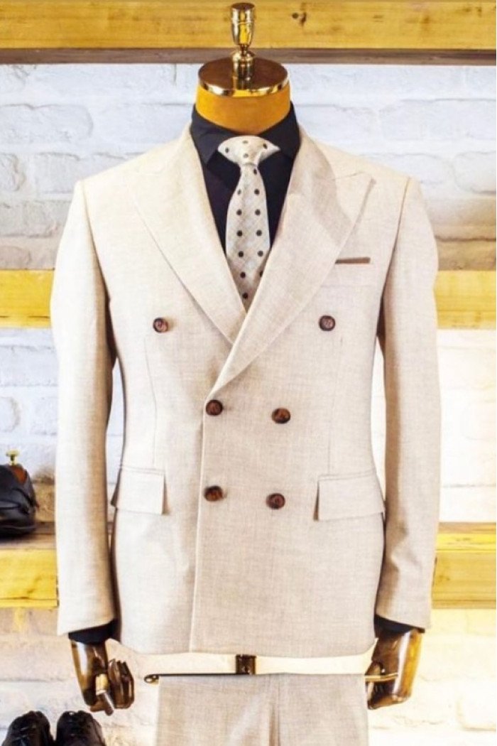 Armand Handsome Khaki Peaked Lapel Double Breasted Prom Suits