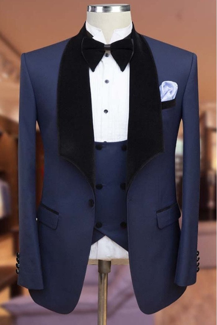Arvin Simple Dark Navy Shawl Lapel Three Pieces Wedding Suits