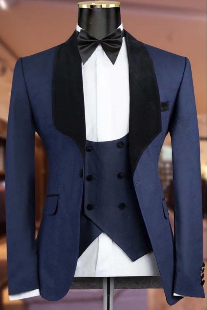 Atwood Classical Dark Navy Shawl Lapel Three Pieces Prom Suits