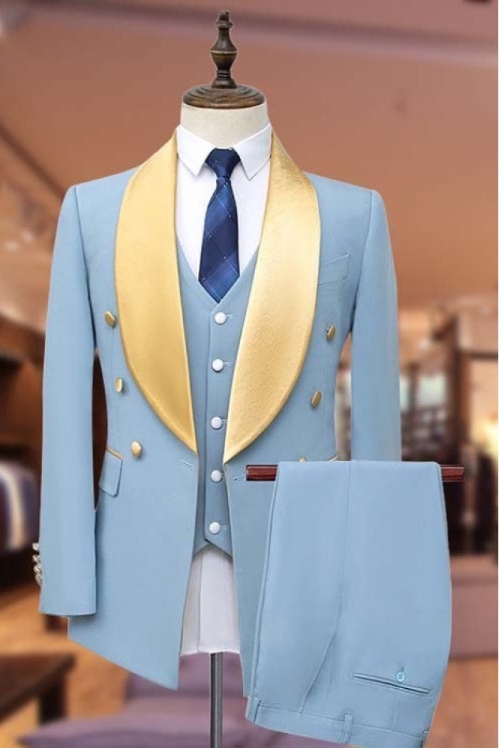 Baird Newest Sky Blue Shawl Lapel Three Pieces Prom Suits