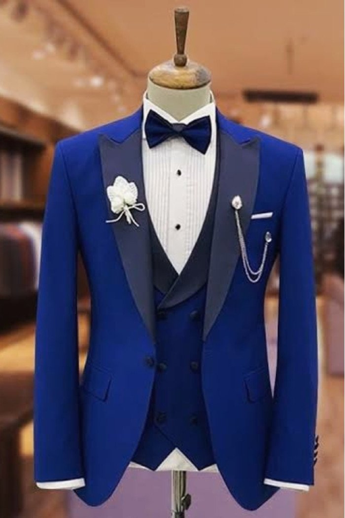 Baldwin Bespoke Dark Blue Peaked Lapel Three Pieces Prom Suits