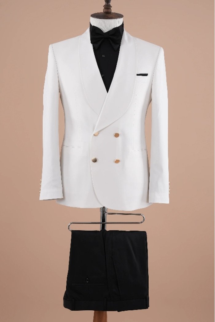 Barnett Simple White Shawl Lapel Double Breasted Wedding Suits