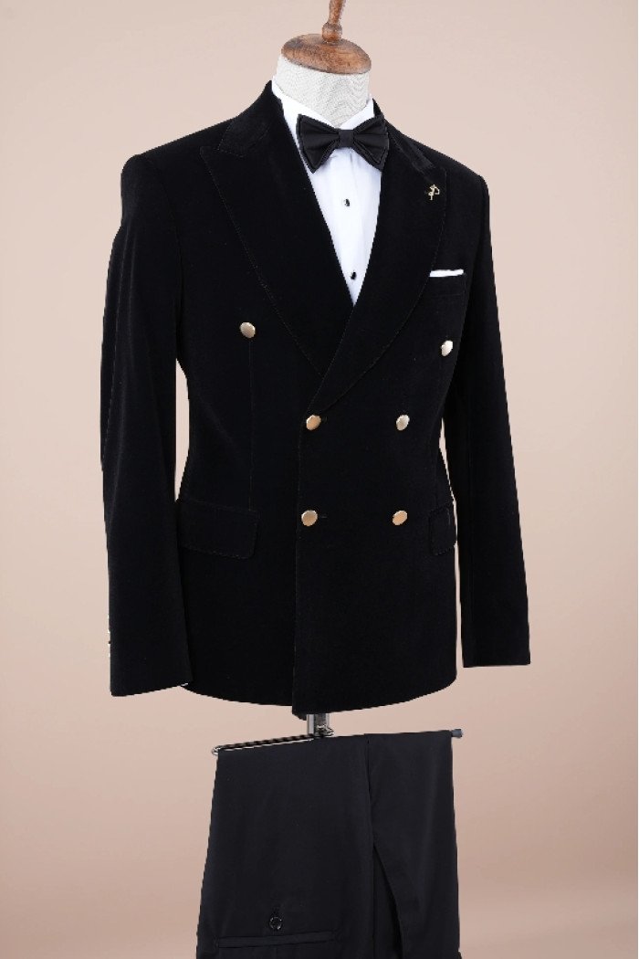 Baron Chic Dark Navy Peaked Lapel Double Breasted Velvet Prom Suits