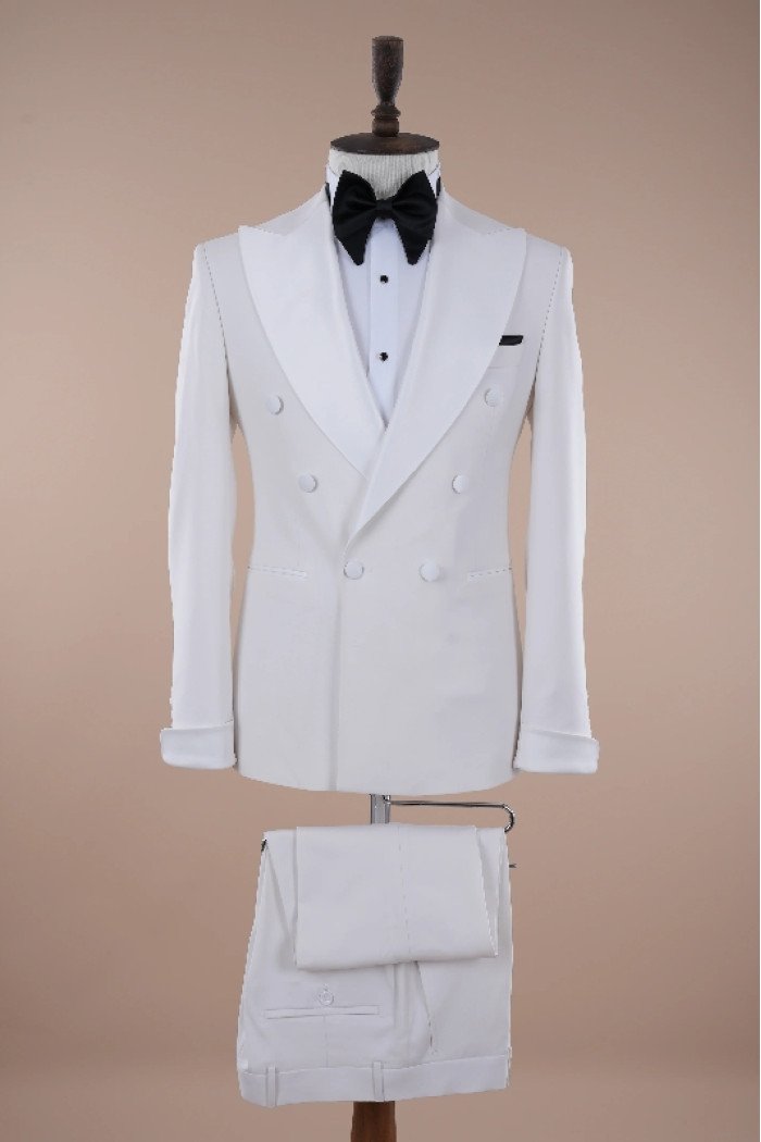 Bartley Simple White Peaked Lapel Double Breasted Prom Suits