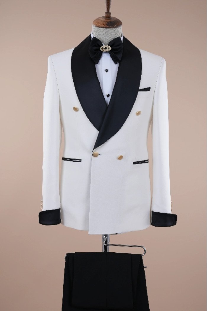 Beacher Handsome White Shawl Lapel Double Breasted Bespoke Wedding Suits